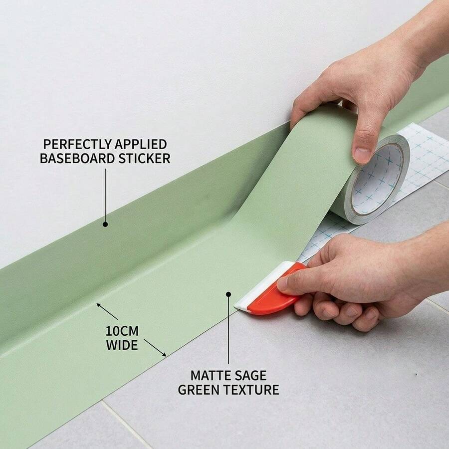 1 Roll Matte Sage Green Self-Adhesive Baseboard Sticker 10cm Wide, Glue-Free Self-Adhesive Wall Decoration Baseboard, Home Wall Renovation Decoration, Home Decor, Room Decor, Dorm Decor, Wall Decor - 1PC - View 1