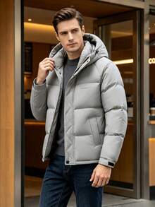 Men Warm Hooded Padded Coat, Loose Casual Zip Up Winter Cotton Jacket Solid Color Outerwear - Light Grey - View 2