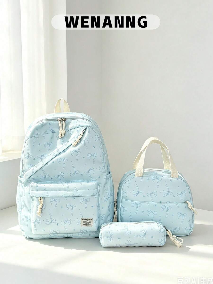 3-Piece Set - Back To School Bow Print Backpack Set, Large Capacity Nylon School Day Bag, With Lunch Bag And Pencil Case, Multi-Pocket Casual Backpack, Lightweight Bookbag, Suitable For Students/Graduates/Young People, Perfect For Back To School/Daily/Shopping/Short Trips And Outdoor Leisure Activities - Multicolor - View 1