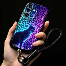 1pc Detachable Hand Strap Accessory, Asymmetrical Cream Wave Pattern Phone Case With Leopard Cat Element Design, Compatible With Galaxy S23/S24/S25/S26/S26Ultra/S26 Plus/A57/A37/A17/A07/ Note13Pro/ A3X/ Y21 Pure Android Series Models - Black - View 5