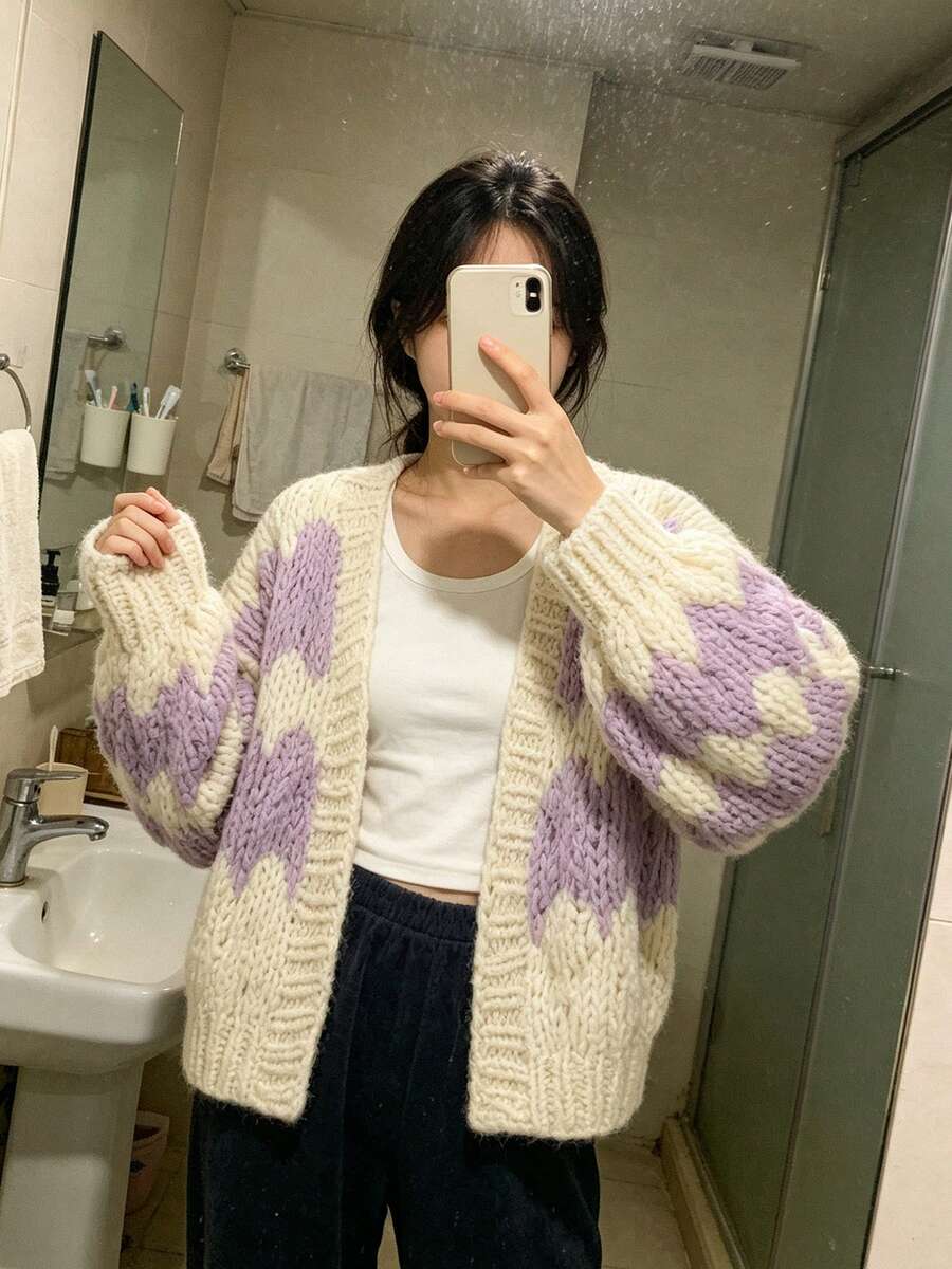 Women's New Long-Sleeve Loose Knit Cardigan For Spring  Autumn - Also Suitable For Winter  Fall Wear - Purple - View 1