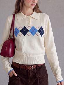 Women's Autumn/Winter Casual Minimalist Preppy Style Argyle Pattern Turn Collar Pullover Sweater Fall - Off-white - View 1
