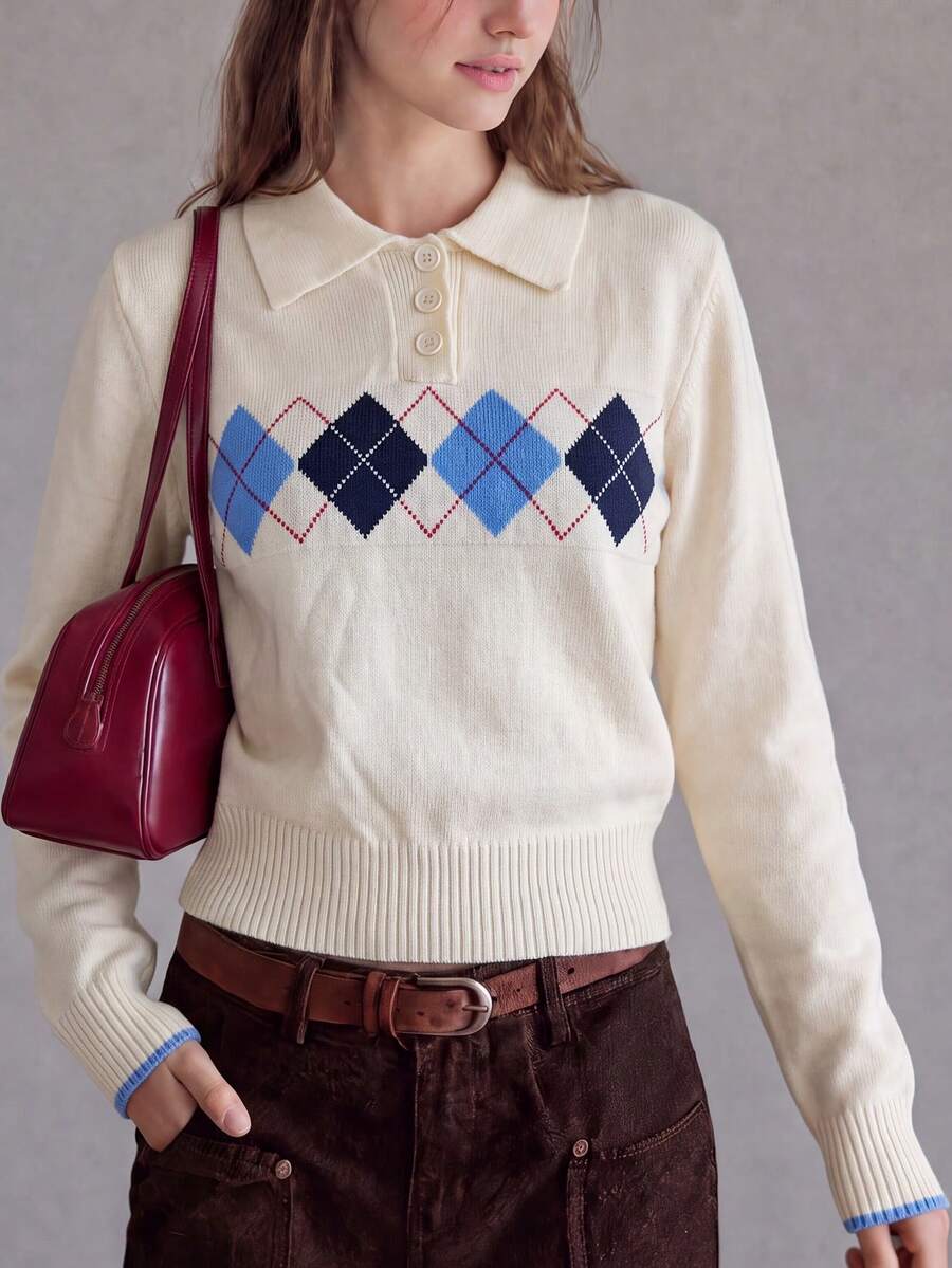 Women's Autumn/Winter Casual Minimalist Preppy Style Argyle Pattern Turn Collar Pullover Sweater Fall - Off-white - View 1