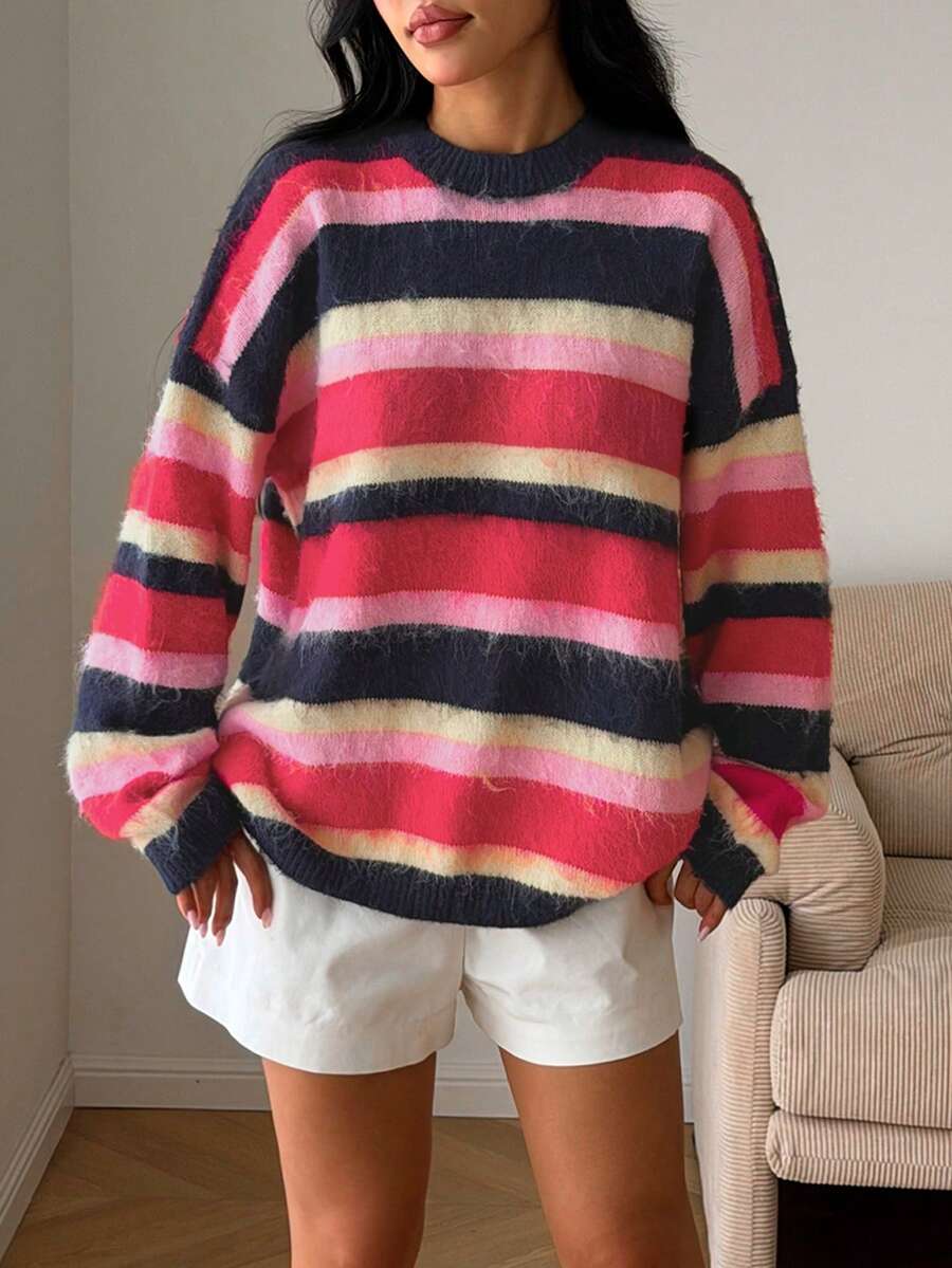 Women's Elegant Colorful Striped Contrast Color Fuzzy Pullover Sweater, Autumn/Winter - Multicolor - View 1