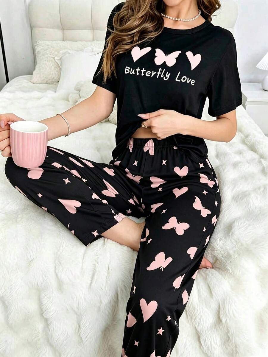 Black Short Sleeve Top And Pants Printed 2 Pieces Pajama Set Women's Loungewear - Black - View 1