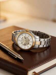 Fossil Men's Automatic Mechanical Watch Two-Tone Stainless Steel Bracelet White Skeleton Dial With Roman Numerals Sophisticated Accessory For Business Casual - White and Gold - View 4