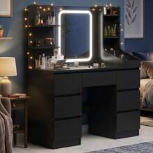 Devoko Modern Dressing Table With LED Mirror, 3 Light Colors And Dimmable Brightness, Vanity Table With 7 Drawers, Open Shelves And Optional Stool, Dressing Cabinet For Bedroom, White/Black/Pink/Vintage - Black - View 3