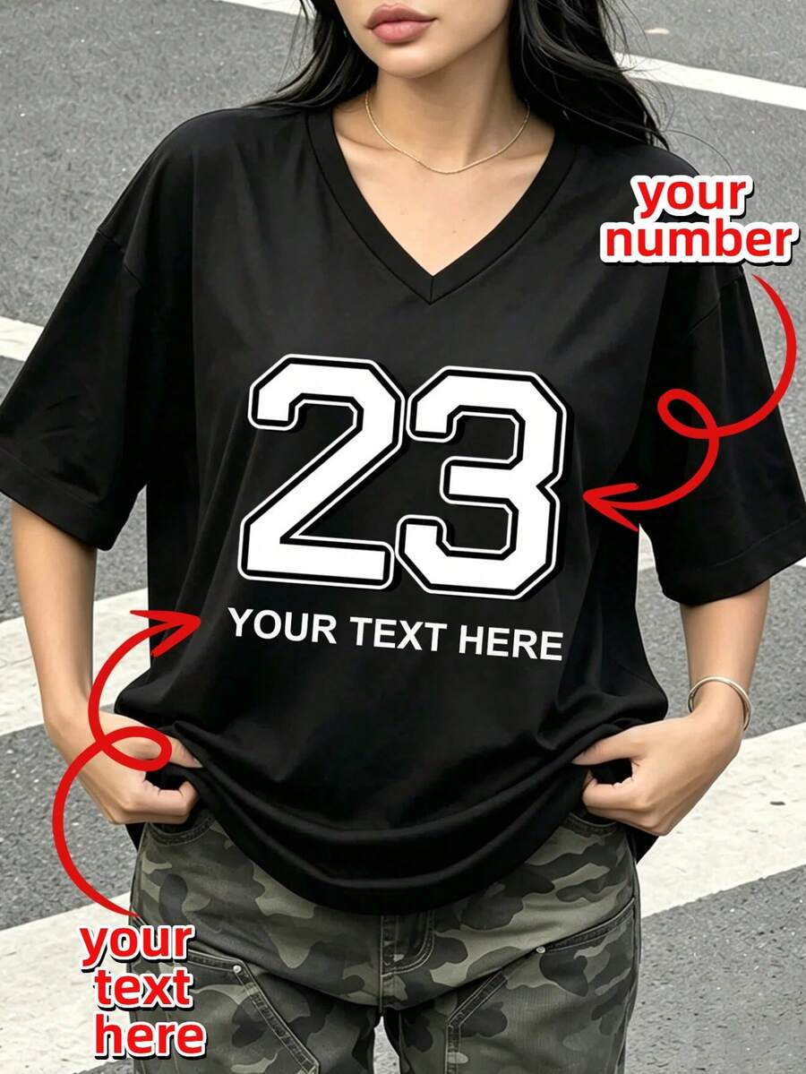 Custom Oversized V Neck Tee With Varsity Graphic, Personalized Gift T-Shirt. Customize Your Unique Lucky Number & Custom Text, Add Exclusive Words - Black - View 1
