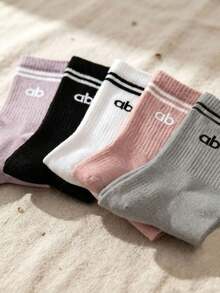 1/5/10 Pairs Women's Solid Color Letter Stripe Mid-Calf Socks, Moisture-Wicking Breathable Sports Socks, Suitable For Sports And Daily Wear, College Style Matching, Random Color - Multicolor - View 3
