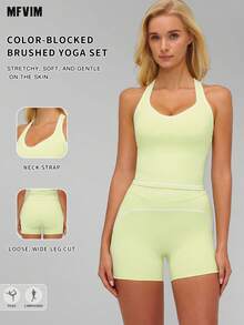 MFVIM Women's Colorblock Yoga Set With Double Shoulder Straps, Premium Sports Fitness Outfit For Running And Workout - Limelight Green - View 2