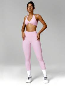 MFVIM Women's Naked Feel High Elastic Yoga Set, Fashionable Minimalist All-Match Versatile Plus Size Casual Wear - Baby Pink - View 8