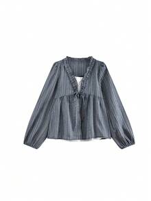 Blus Lengan Panjang Longgar Bergaris 2-in-1 Gaya Korea Manis Awet Muda dengan Lengan Berkerut dan Motif Kelopak Bunga - Biru - View 5