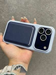 Luxury Silicone Magnetic Wireless Charging Card Holder Phone Case, Compatible With IPhone 17ProMax 17Pro 17 16 15 14 13 12 11 Pro Max 16 15 14 Plus, Magnetic Back Cover - Light Blue Case + Dark Blue Card Holder - View 2