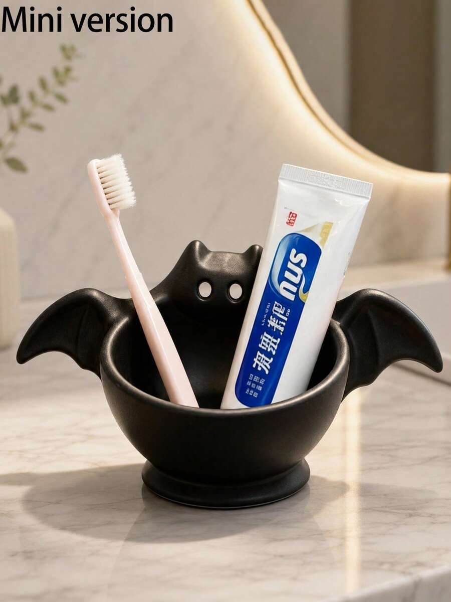 Mini Cute Bat Creative Fun Toothbrush Holder, Toothbrush Cup, Desktop Storage Rack, Can Hold Toothbrush, Toothpaste, Flower Pot, Vase, Dressing Table Decor, Bathroom Supplies. Warm Home Bathroom Decor Autumn Decoration Back To School Season, Halloween Gift - Multicolor - View 1