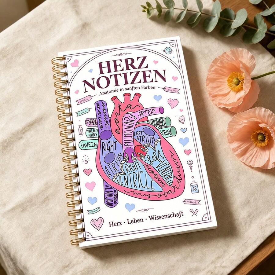 1pc Heart Anatomy German Medical Theme Notebook A5 (5.5x8.3 Inches) Macaron Science Popularization Hand-Drawn Illustration Design High-Quality Smooth Writing Inner Pages Gold Spiral Binding Durable And Flip-Resistant Medical Student Coursework Record Medical Theme Creative Gift Spiral Notebook Fresh Science Popularization Illustration Style Colorful Heart Anatomy Structure Diagram Love Decoration German Text Border Elements Planner Notebook - A5 - View 1