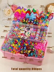 866pcs Cute Bright Color Girls Hair Accessories Set, Including Bow Hair Clips, Rainbow/Unicorn/Ice Cream Hair Clips, Faux Butterfly Alligator Hair Clips, Star Snap Clips, Mini Claw Clips, Flower/Rabbit Ear Hair Ties, Bamboo Knot Towel Scrunchies, Ruffled Elastic Hairbands And TPU Rubber Bands, Suitable For Daily, Party, Travel Use - Multicolor - View 3