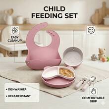 Silicone Baby Feeding Set 5pc, Anti-Choke Spoon & Fork, Waterproof Bib, Easy-Clean, 6M+, New Mom Gift - Mauve Purple - View 8