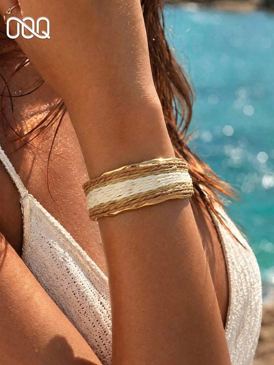 OOQ 1 buah Gelang Manset Lebar Emas Gaya Liburan Musim Panas untuk Wanita, Gelang Rafia Terbuka Buatan Tangan yang Dapat Diatur, Cocok untuk Perjalanan Sehari-hari, Pantai, Liburan, Pesta, Hadiah - Kopi campur - View 1
