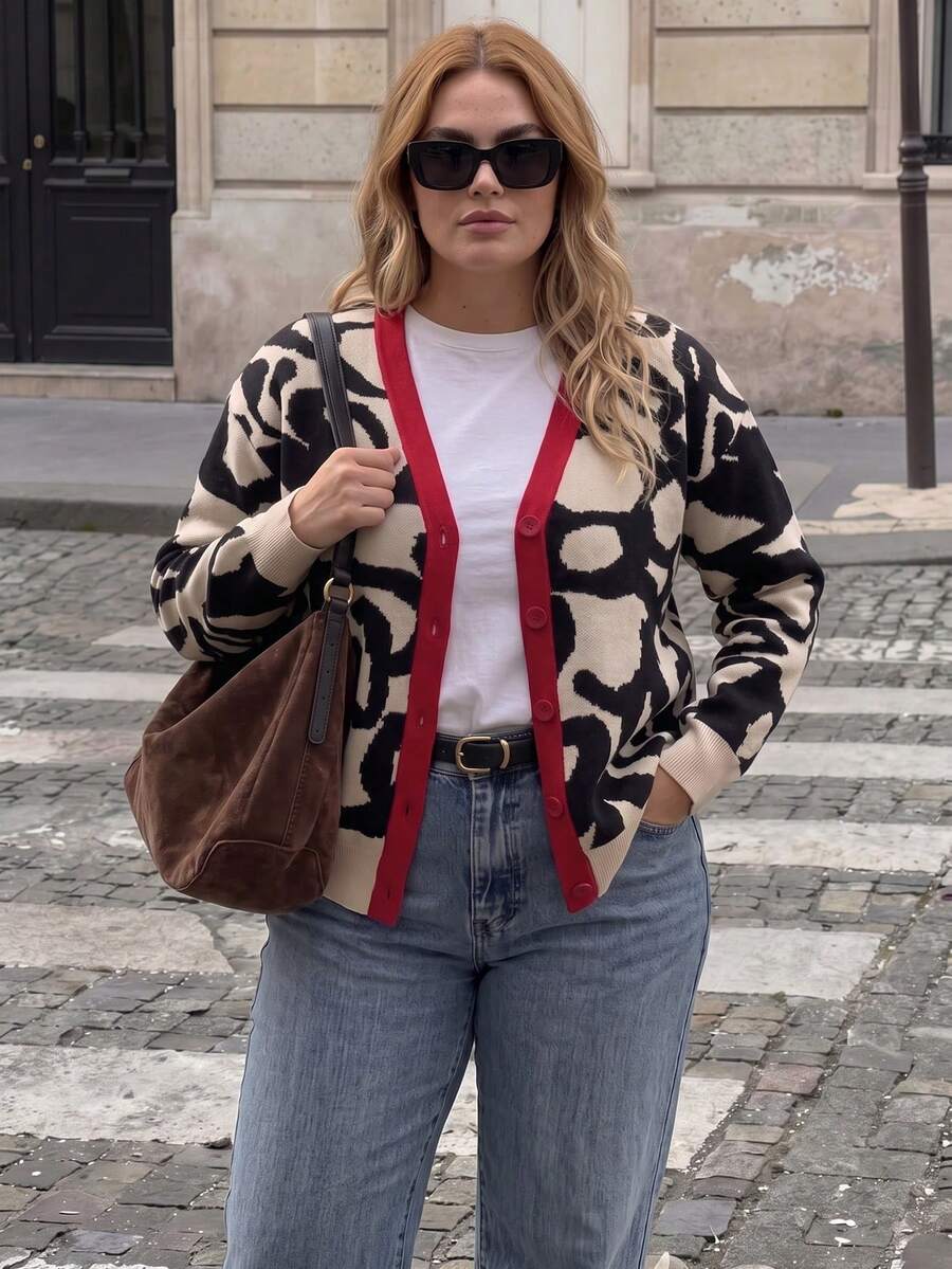 BYGOUBY Plus Size Colorblock Knit Fabric Button-Up Sweater Cardigan, Everyday & Holiday Wear, Autumn/Winter/Fall Vacation