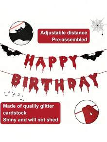 Red Glitter Happy Birthday Halloween Banner, Halloween Decoration - Halloween Hanging Paper Garland Triangular Flag Blood-Colored Bat Vampire Decor, Wall Home Fireplace Office Wall Photo Backdrop, Horror Party Supplies, Halloween Gift, Party Decoration, DIY Hanging Decor - A - View 7