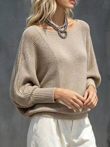 Women's Casual Spring/Autumn 3/4 Sleeve Pullover Knit Sweater, Round Neck Ribbed Knit Detail, Solid Color Batwing Sleeve Knit Top - Apricot - View 6