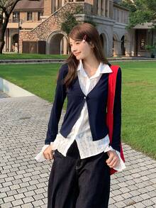 French Style Square Shoulder 2 In 1 Blouse Women High-End Long Sleeve Slimming Top - Navy Blue - View 2
