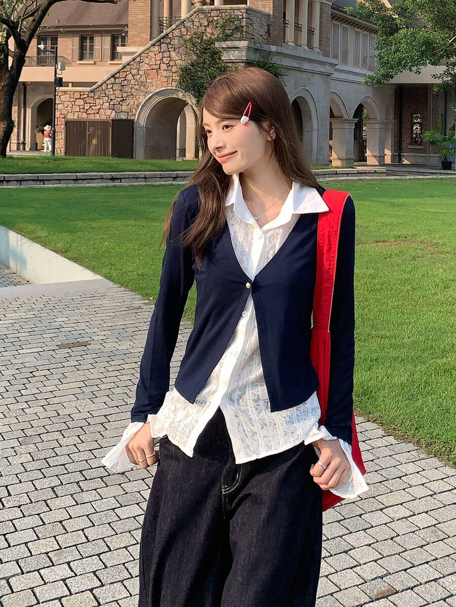 French Style Square Shoulder 2 In 1 Blouse Women High-End Long Sleeve Slimming Top - Navy Blue - View 1