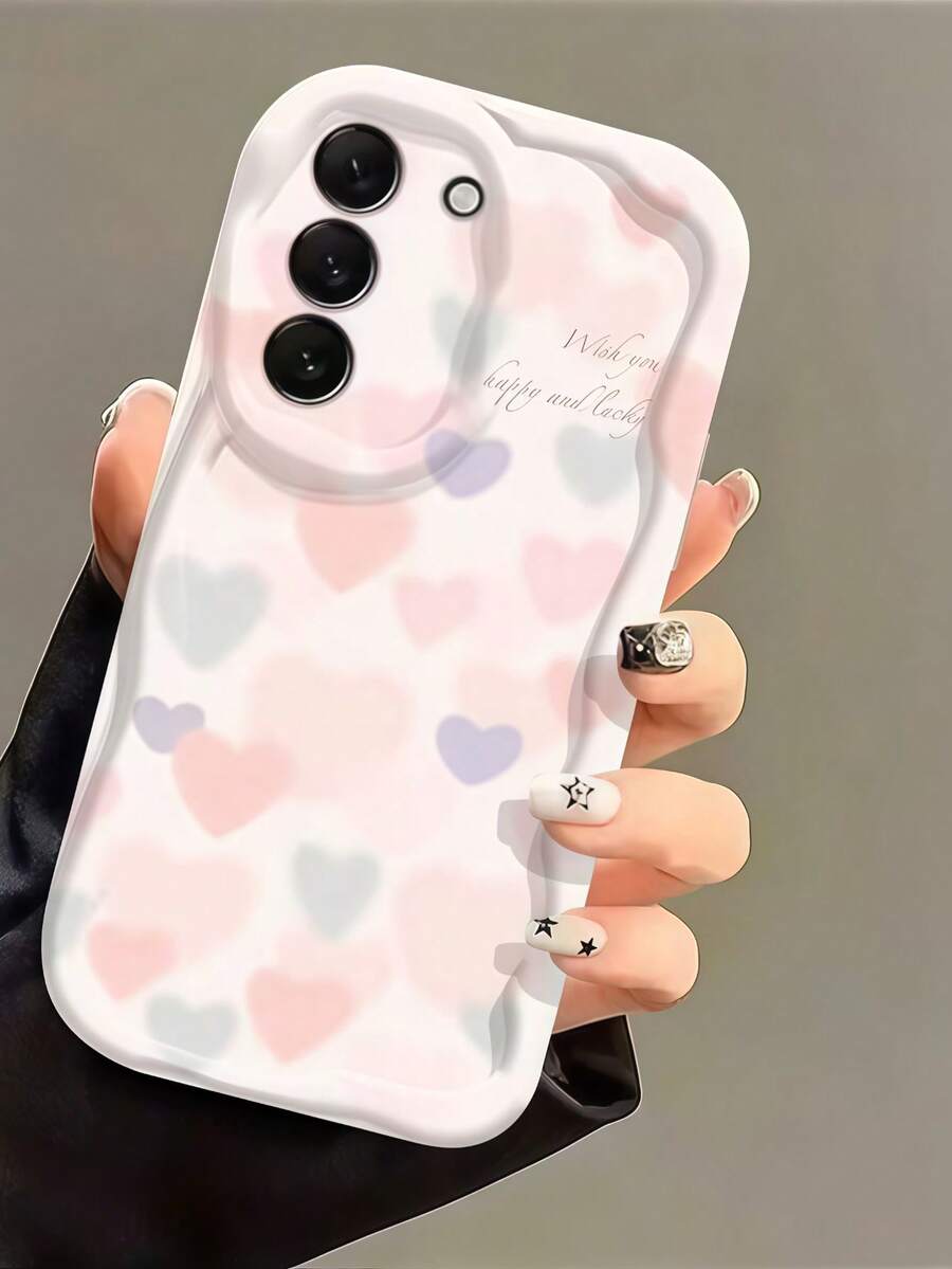 1 buah Casing Ponsel dengan Tepi Bergelombang Motif Hati Campuran Pastel, Pelindung TPU Lembut Tahan Guncangan, Casing Ponsel Desain Hati Berwarna-warni dan Kutipan Kaligrafi yang Estetis, Kompatibel dengan Ponsel Seri 1. - Putih - View 1