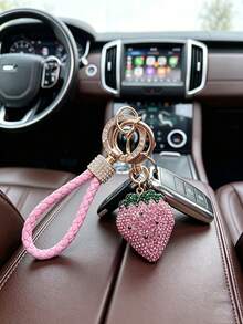 1pc Rhinestone Strawberry Keychain, Braided Strap Fruit Charm, Gold-Tone D-Ring Clasp Keyring, Cute Bling Kawaii Bag Pendant Accessory Gift For Women - Multicolor - View 6