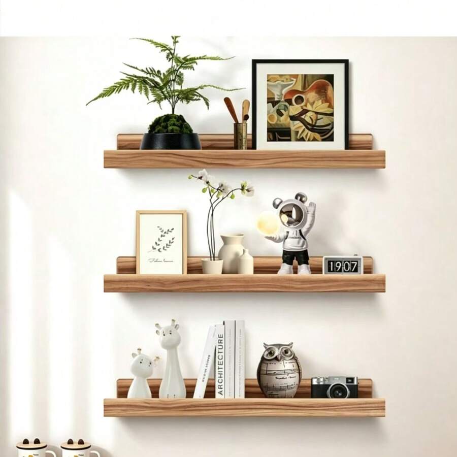 3 Pieces Set Vintage Wooden Floating Shelves, Wall Decor Display Rack With Guardrail, Bathroom Kitchen Shelves, Modern Bedroom Living Room Decorative Photo Frame - Wood Color - View 1