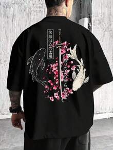 2026 Japanese Style Yin Yang Koi Fish Samurai Sword Print Streetwear Y2K Light Polyester Black Crew Neck T-Shirt For Men - 黑色的 - 查看 1