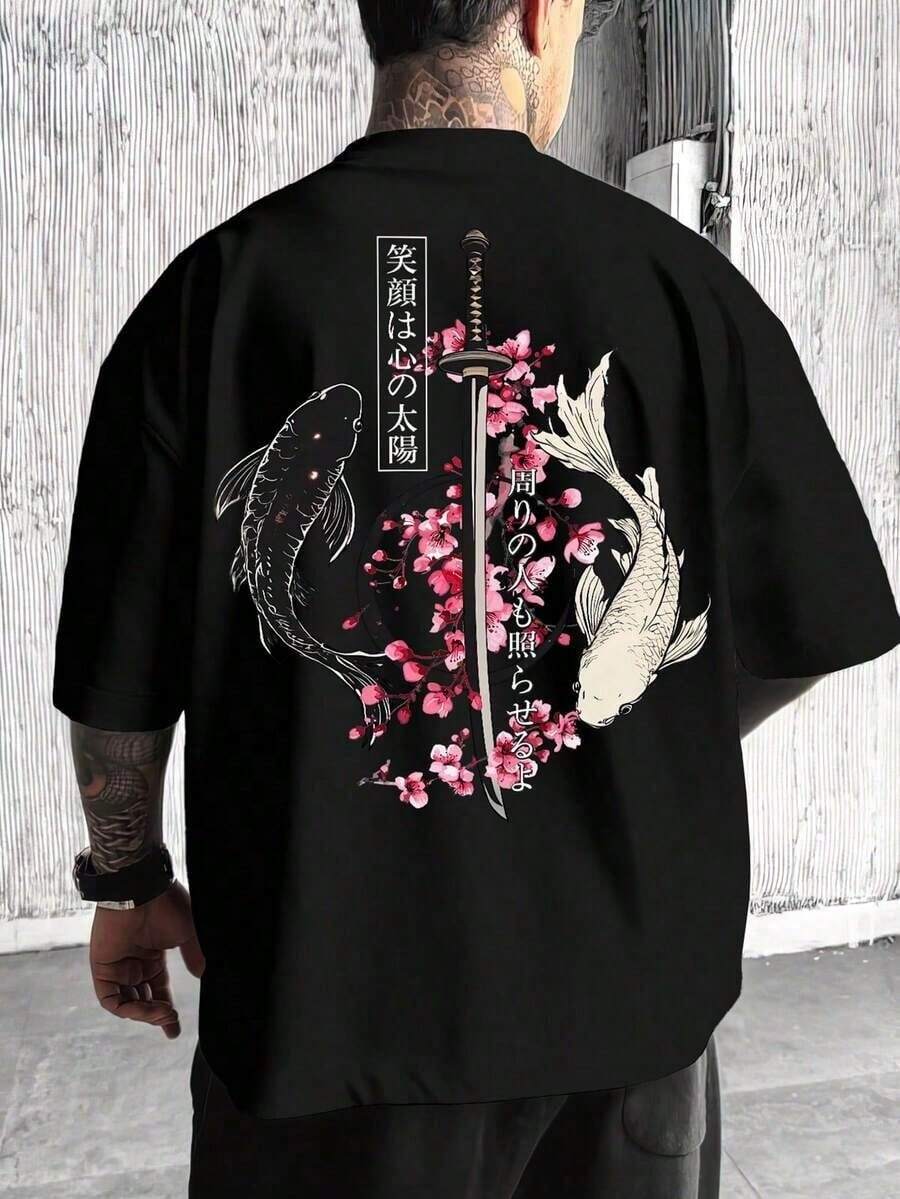 2026 Japanese Style Yin Yang Koi Fish Samurai Sword Print Streetwear Y2K Light Polyester Black Crew Neck T-Shirt For Men - 黑色的 - 查看 1