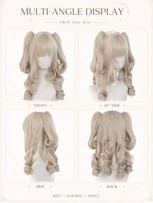 Light Cream Blonde Long Curly Wig With Bangs Detachable Twin Ponytail Synthetic Heat Resistant Wig For Women Lolita Anime Cosplay Halloween Party - Multicolor - View 8