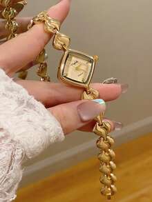 1件女性金色方形手鍊石英手錶，精緻小巧時尚，適合日常佩戴，生日/畢業禮物，休閒風格 - 金色 - 查看 1