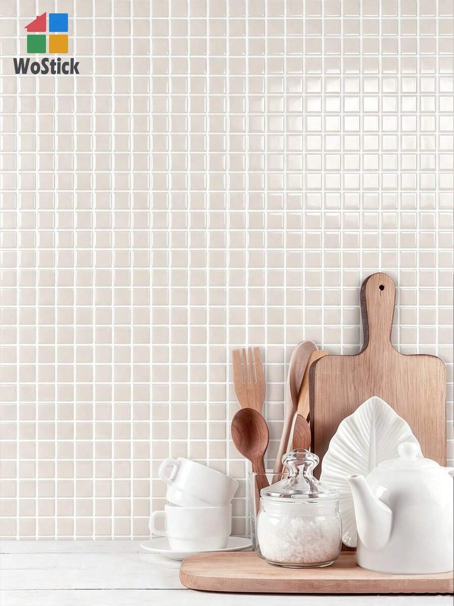 WoStick 10 Inch X 10 Inch Waterproof Textured Vinyl DIY Wallpaper, Self-Adhesive Backsplash Tile, Small Mosaic Peel And Stick Tile, Home Decor, Renovation Sticker, Removable Wall Panels, Wallpaper, Wallcovering, Spring Decor, Refresh Your Home, Rama Decorative Sticker