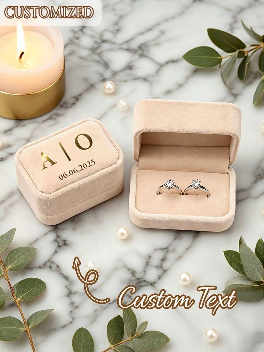 個性化婚戒盒 訂婚戒指盒 求婚戒指盒 現代戒指盒 週年禮物附客製化展示架與天鵝絨內襯 可收納 2 枚戒指 適用婚禮、訂婚、求婚珠寶收納 - 彩色 - 查看 1