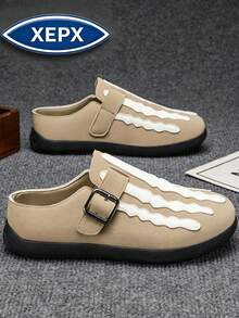 Khaki Men's Loafers Halloween New Color Striped Skull Closed-Toe Slippers Comfortable All-Season New Style Skate Shoes Men's Fashion Shoes Niche Design Slip-On British Style Shoes Business Casual Daily Walking Shoes, Vintage Round Toe Thick Sole Men's Formal Shoes Fashion Durable Casual Men's Shoes Plus Size Slouchy Shoes - Khaki - View 8