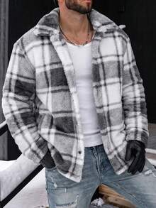 WAIT HIM Men's Casual Plaid Striped Flannel Warm Shacket - Black and White - View 3