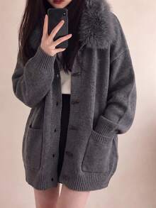 Jaket Kardigan Rajut Longgar Kasual Elegan Musim Gugur/Dingin untuk Wanita - Grey - View 1
