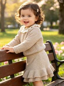 Baby Girls Sweater Set Korean Style Soft Gentle Knit 2-Piece Outfit Contrast Color Ruffle Collar Long Sleeve Top Double Layer Ruffle Skirt Daily Outing Wear - Camel - View 2