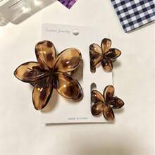 3pcs Glossy Transparent Gradient Amber Yellow Large & Small Plumeria Hair Claw Clips, Beach Vacation Style, Spring/Summer Bangs & Loose Hair Styling Hair Accessories - Yellow Amber - View 1