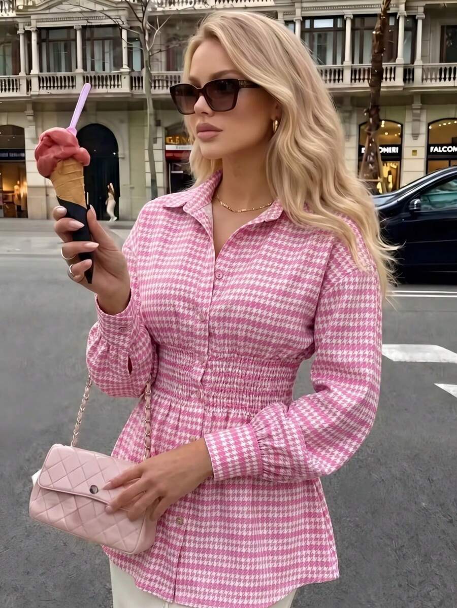 Women's Autumn Fashion Printed Cinched Waist Pleated Long Sleeve Slim-Fit Lightweight Shirt Dress For Commuting - Pink Stripes - View 1