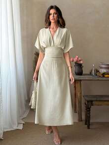 Women's Summer 2 Pieces Set Elegant Apricot Pleated Waist Short Sleeve Top And Casual High Waist Skirt - Gray Apricot - View 10