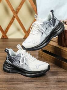 Men White Gray Gradient Cloud Print Sneakers,Low Top Lace Up Breathable Mesh Thick Sole Casual Running Shoes For Daily Outings Outdoor Activities - White and Black - View 2