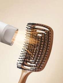 1pc Hollow Curved TPE Wood-Color Hair Comb, Wet & Dry Use, Soft Massage Detangling Brush, Suitable For Smoothing Frizzy Hair, Blowout Styling, Travel, Salon And Bathroom Hair Care Accessory - Multicolor - View 6