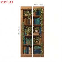 2Pcs/Set Vintage Fake Bookshelf Door Stickers Cottage Core 2D Visual Ivy Plant Bookcase Removable PVC Illusion Vertical Wall Decals For Bedroom Hidden Door Home Decor - A - View 12