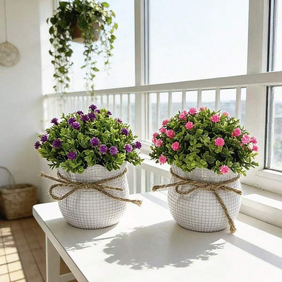 1pc/3PCS (Red+White+Yellow) Artificial Evergreen Mini Potted Plant, Faux Ceramic Pot With Bow, Non-Fading, Easy Care, Suitable For Easter, St. Patrick's Day, New Year, Valentine's Day Home, Restaurant, Desktop, Window Sill, Bookshelf Decor - Artificial Potted Plant - View 1