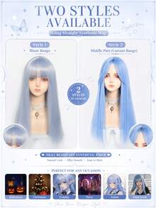 24 Inch Long Straight Blue Cosplay Wig For Women Heat Resistant Synthetic Fiber Wigs With Bangs Cosplay Lolita Anime Halloween Christmas Party Wig Wear - Multicolor - View 5