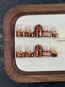 10 Peças/Conjunto Unhas Y2K Feitas à Mão, Unhas Fofas, Unhas Marrons, Unhas Olho de Gato Marrom, Unhas de Joias 3D & Unhas de Leopardo, Perfeitas para Festas & Uso Diário. Unhas Quadradas Curtas. Unhas Postiças Quadradas Feitas à Mão, Unhas Falsas, Unhas Acrílicas, Unhas Curtas, Unhas de Verão - Multicolorido - Visão 1