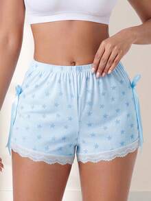 CELILIN Cute Star Print Women Slip Shorts With Side Ribbon Bow, Stretchy Ribbed Lace Hem Lounge Shorts For Daily Wear - Baby Blue - View 7